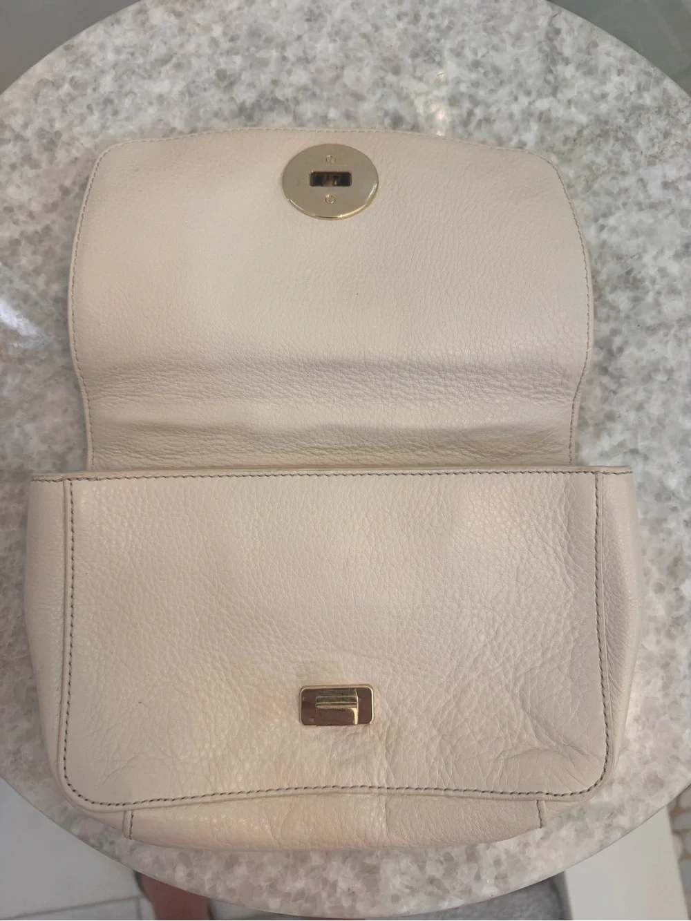 Tory Burch Light Cream Pebbled Leather Crossbody with Gold Logo Chain